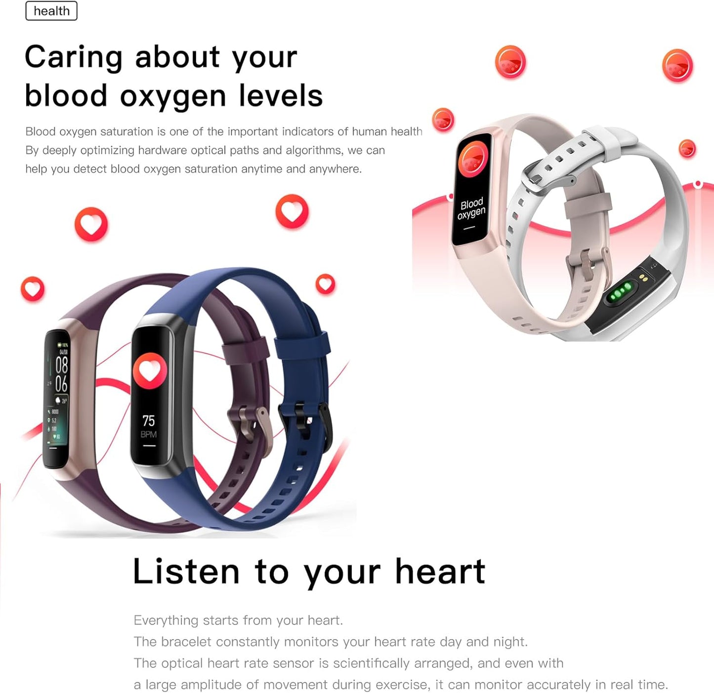 Keep Health Slim Fitness Watch, AMOLED Smart Tracker for Women & Men, Heart Rate & Blood Pressure Monitor