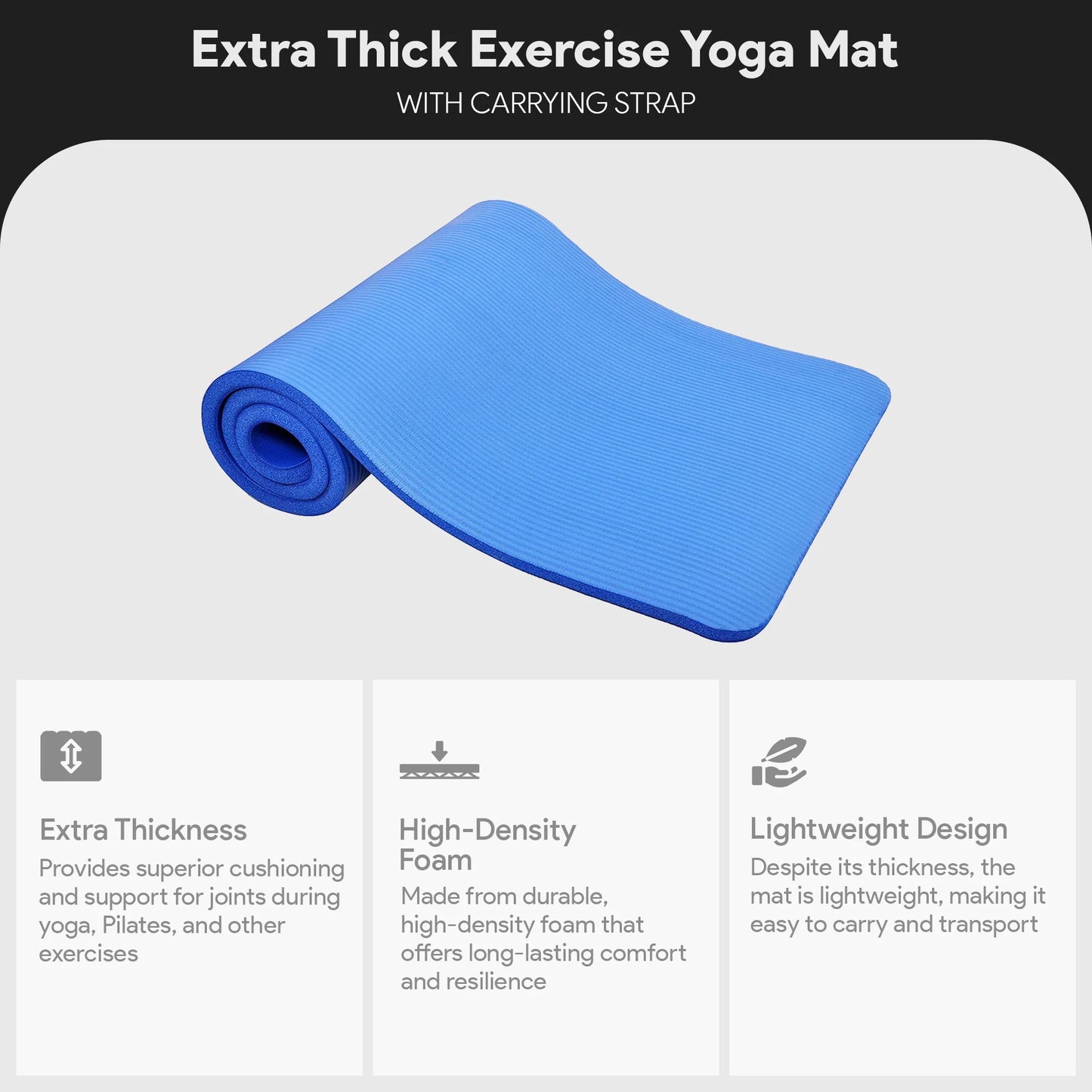 All-Purpose 1-Inch Extra Thick High Density Anti-Tear Exercise Yoga Mat with Carrying Strap, Blue